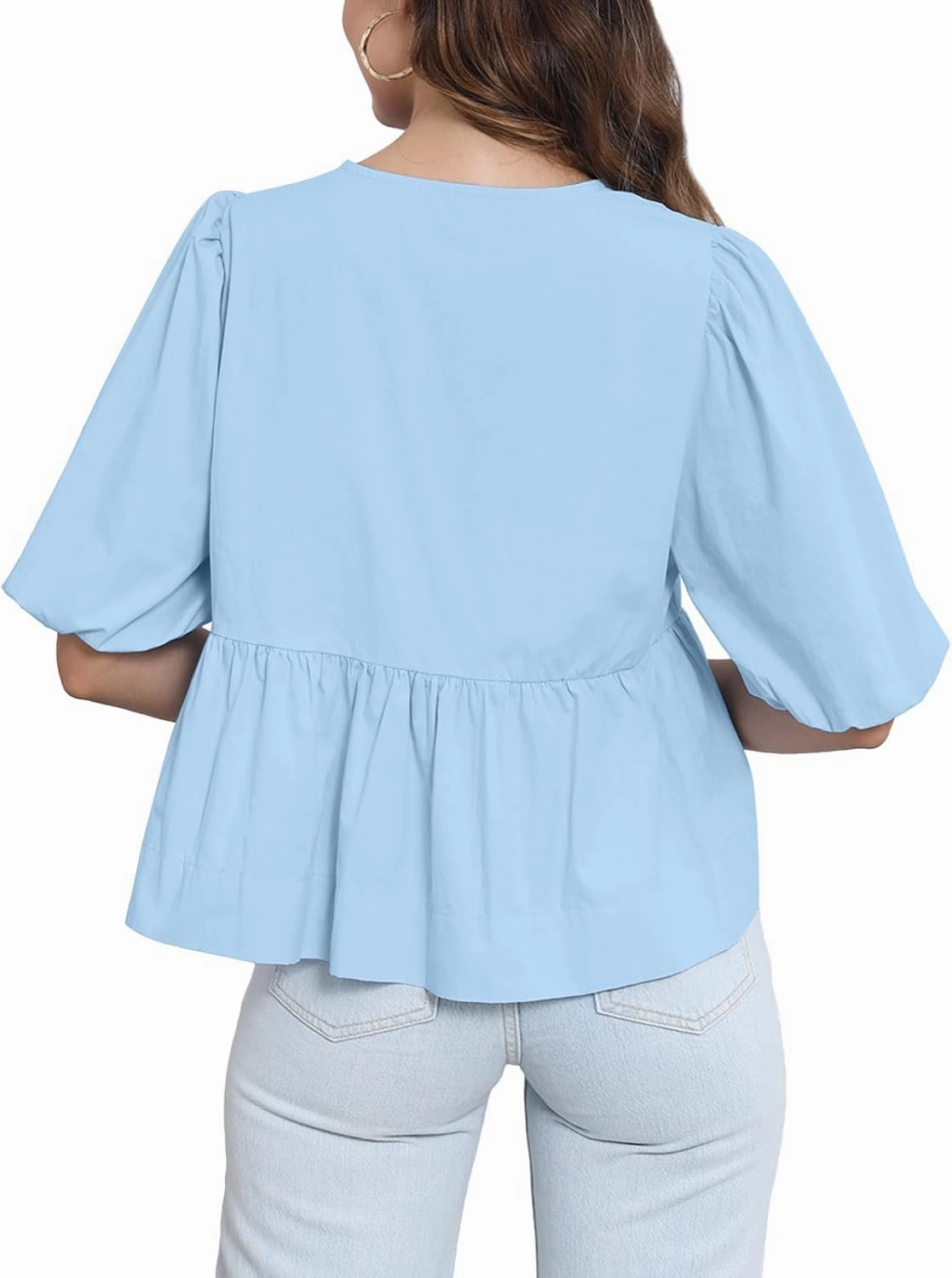 Tankaneo Womens Tie Front Tops Summer Peplum Babydoll Puff Short Sleeve Blouse Cute Cotton Shirts