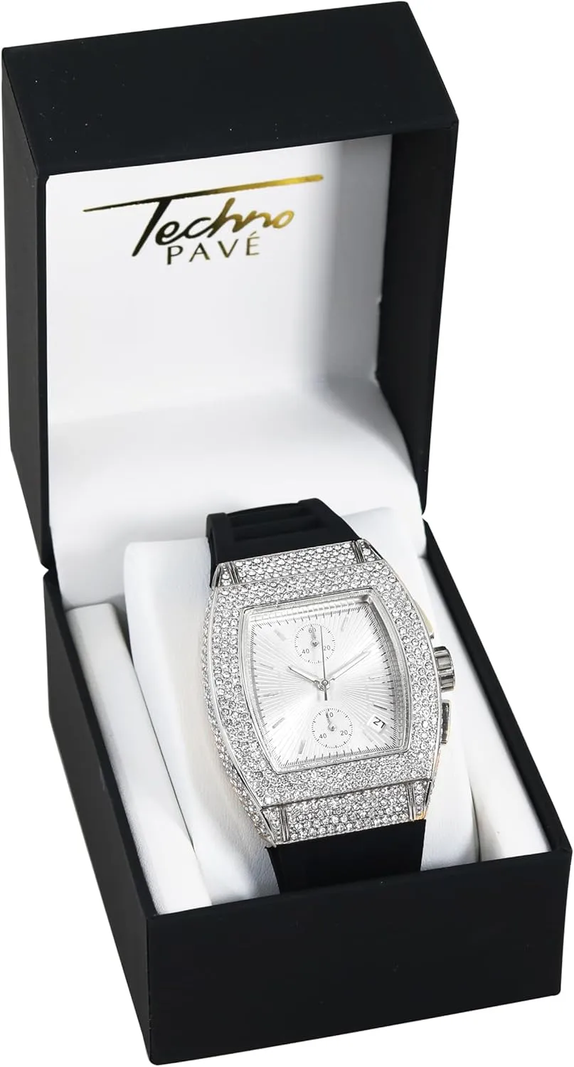 Techno Pave Men's 39mm Iced Out Tonneau Watch - Luxury Hip-Hop Style, Quartz Movement, Silicone Band