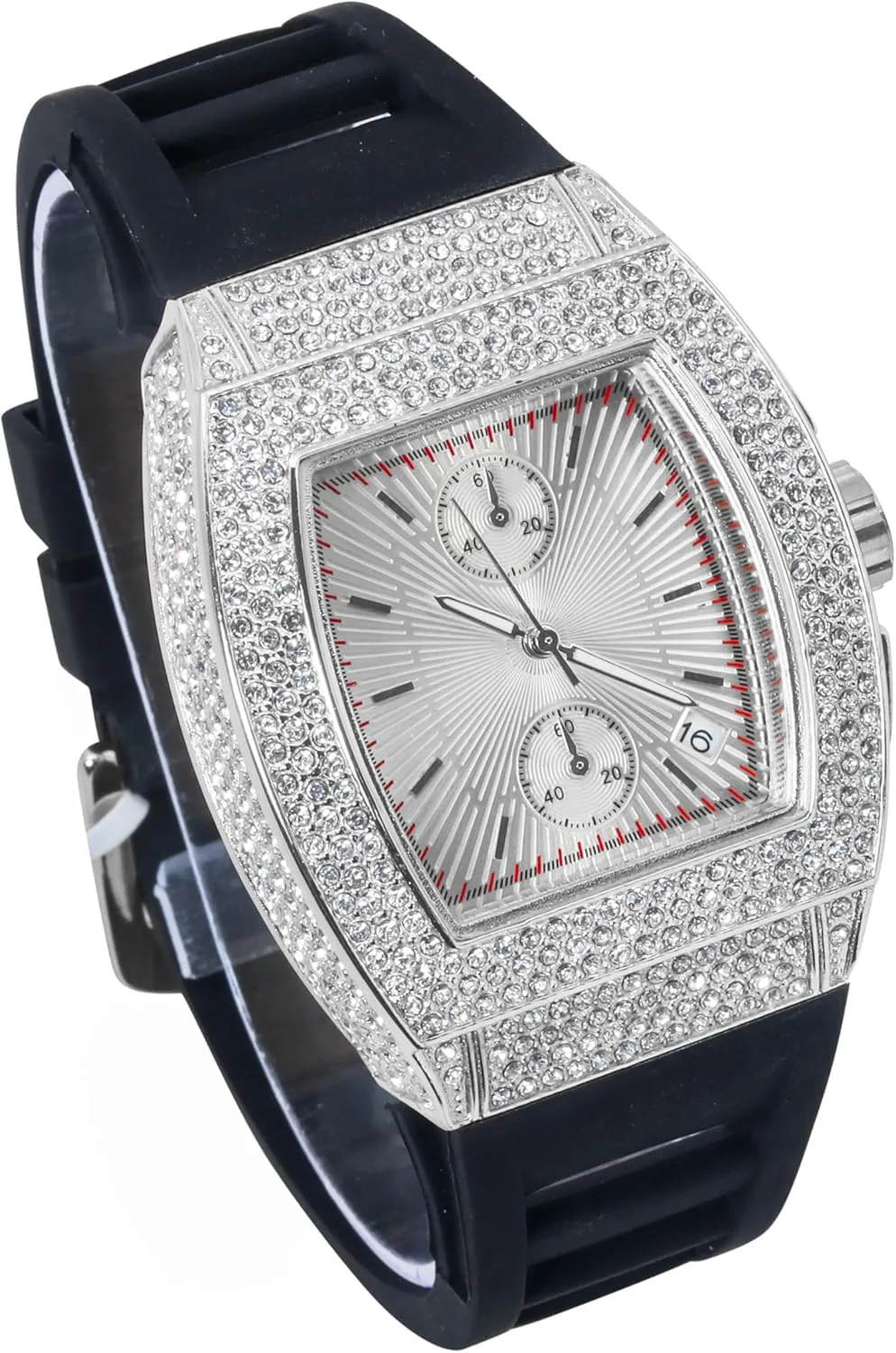 Techno Pave Men's 39mm Iced Out Tonneau Watch - Luxury Hip-Hop Style, Quartz Movement, Silicone Band