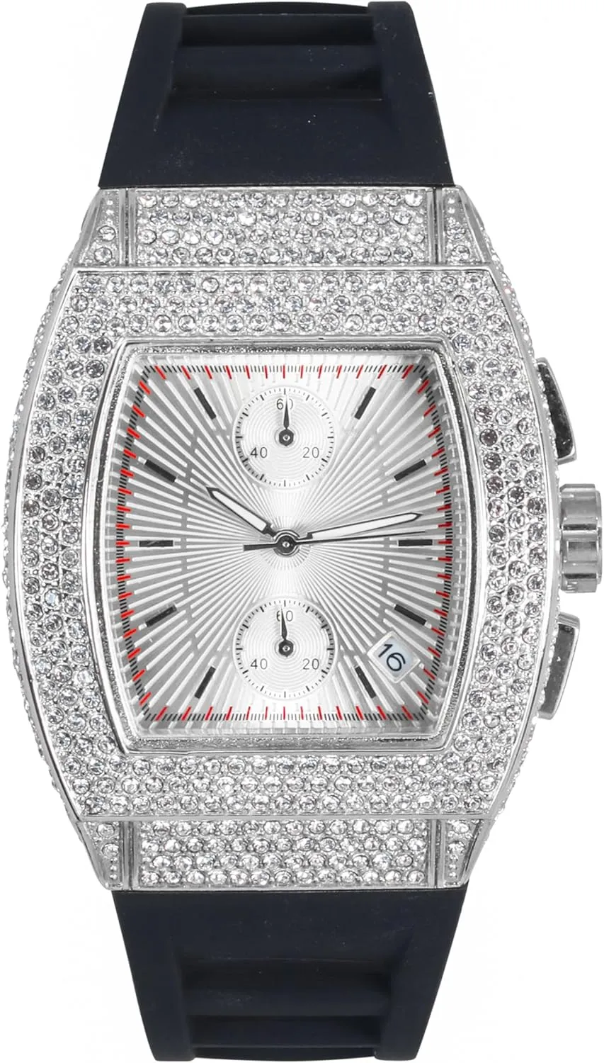 Techno Pave Men's 39mm Iced Out Tonneau Watch - Luxury Hip-Hop Style, Quartz Movement, Silicone Band