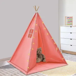 Teepee Tent, Foldable Teepee Tent for Kids, Kids Play Tent, Natural Cotton Canvas Toddler Tent, Indoor Playhouse Kids Tent, Tent with Lights & Window Fit Boy &Girl(Pink)