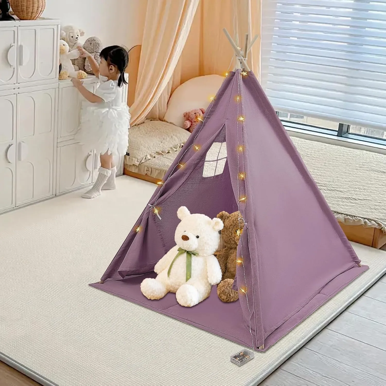 Teepee Tent, Foldable Teepee Tent for Kids, Kids Play Tent, Natural Cotton Canvas Toddler Tent, Indoor Playhouse Kids Tent, Tent with Lights & Window Fit Boy&Girl(Purper)