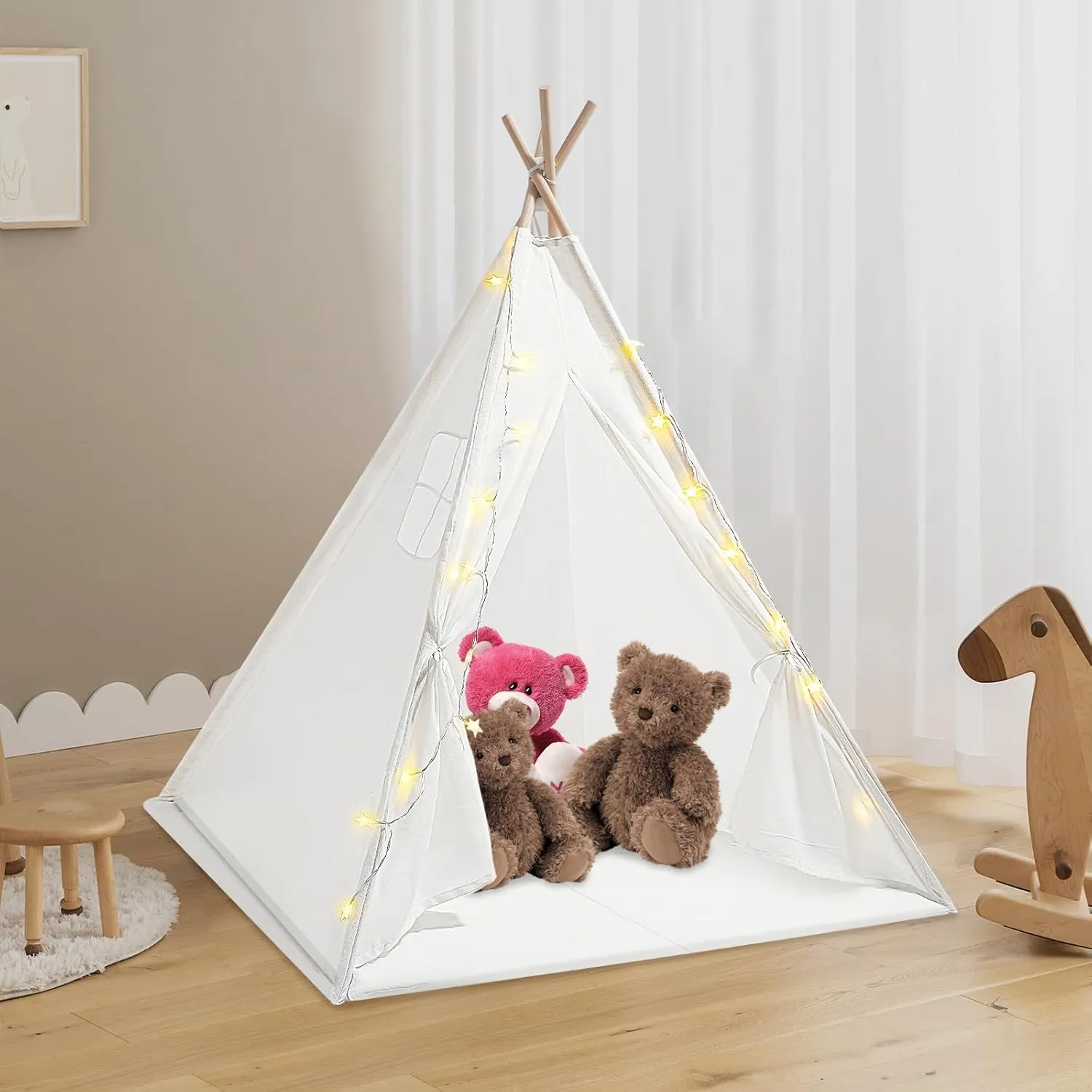 Teepee Tent, Foldable Teepee Tent for Kids, Kids Play Tent, Natural Cotton Canvas Toddler Tent, Indoor Playhouse Kids Tent, Tent with Lights & Window Fit Boy&Girl(White)