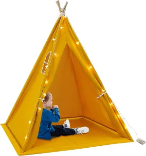 Teepee Tent, Foldable Teepee Tent for Kids, Kids Play Tent, Natural Cotton Canvas Toddler Tent, Indoor Playhouse Kids Tent, Tent with Lights & Window Fit Boy&Girl(Yellow)
