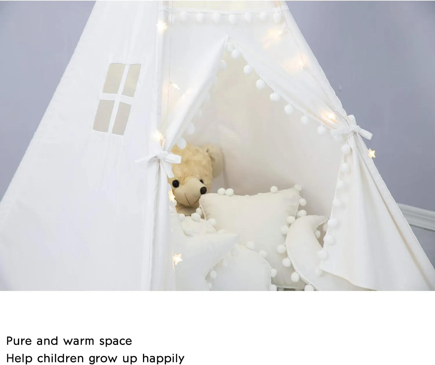 Teepee Tent for Kids with Padded Mat, Foldable Play Tent with Carry Bag for Indoor Outdoor, Pompom Lace Cotton Canvas Playhouse Tipi for Girls Boys