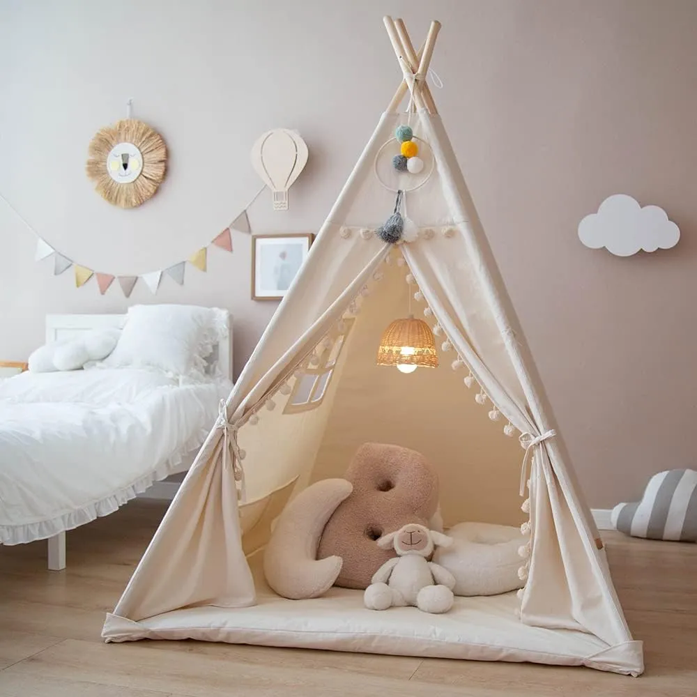 Teepee Tent for Kids with Padded Mat Foldable Tone Play Tents for Girl and Boy Canvas Tepee Playhouse for Child Indoor Outdoor