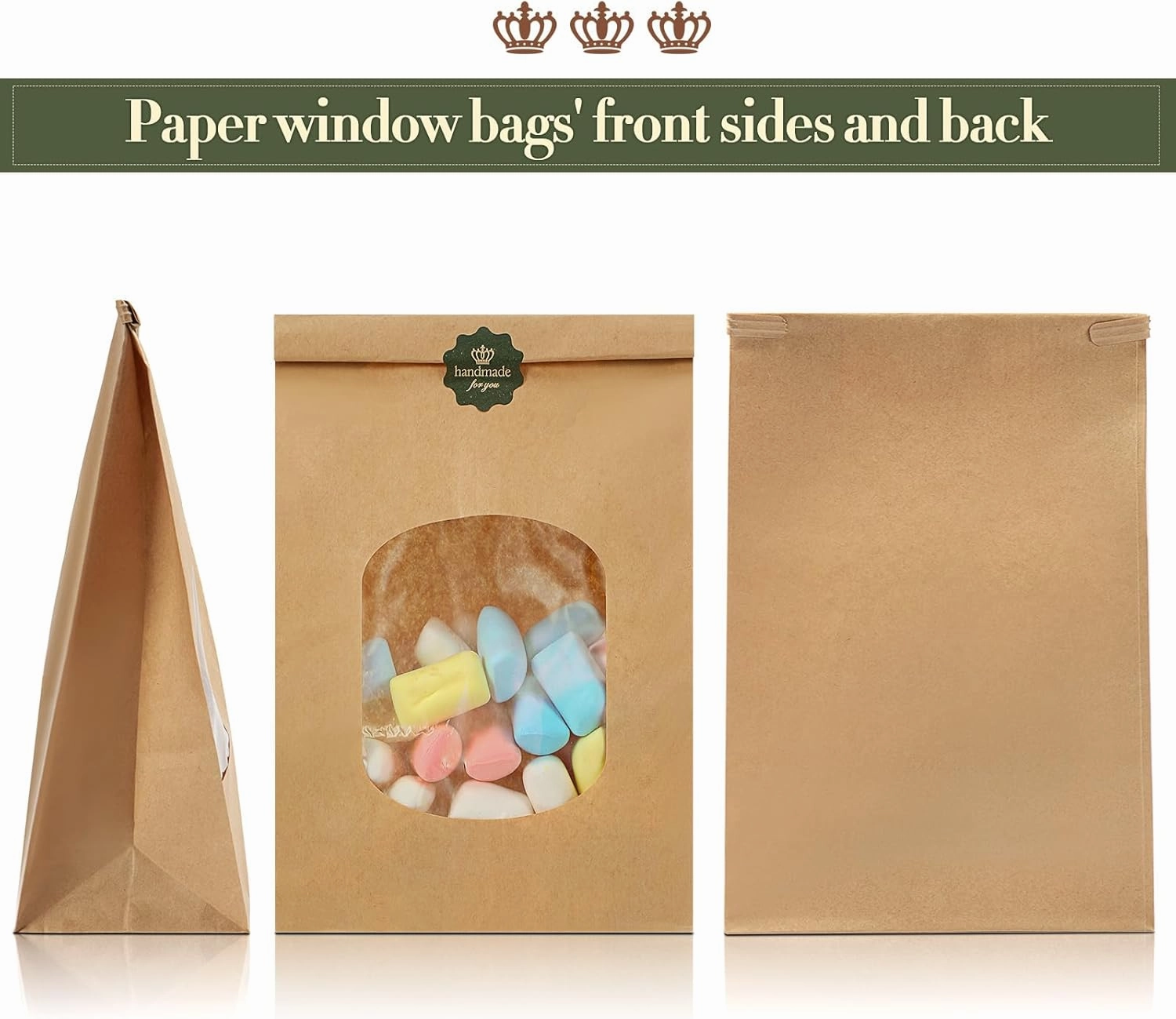 Tenare 50 Pieces Bakery Bags with Window 6.1 x 2.76 x 9.5 Inch Kraft Paper Bags Tin Tie Tab Lock and 60 Pieces Lovely Handmade Label Seal Stickers Window for Coffee Cookie Treat(Brown)