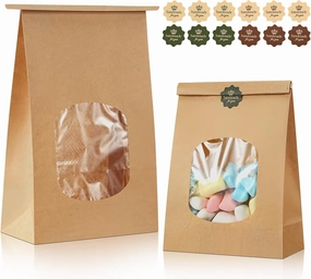 Tenare 50 Pieces Bakery Bags with Window 6.1 x 2.76 x 9.5 Inch Kraft Paper Bags Tin Tie Tab Lock and 60 Pieces Lovely Handmade Label Seal Stickers Window for Coffee Cookie Treat(Brown)
