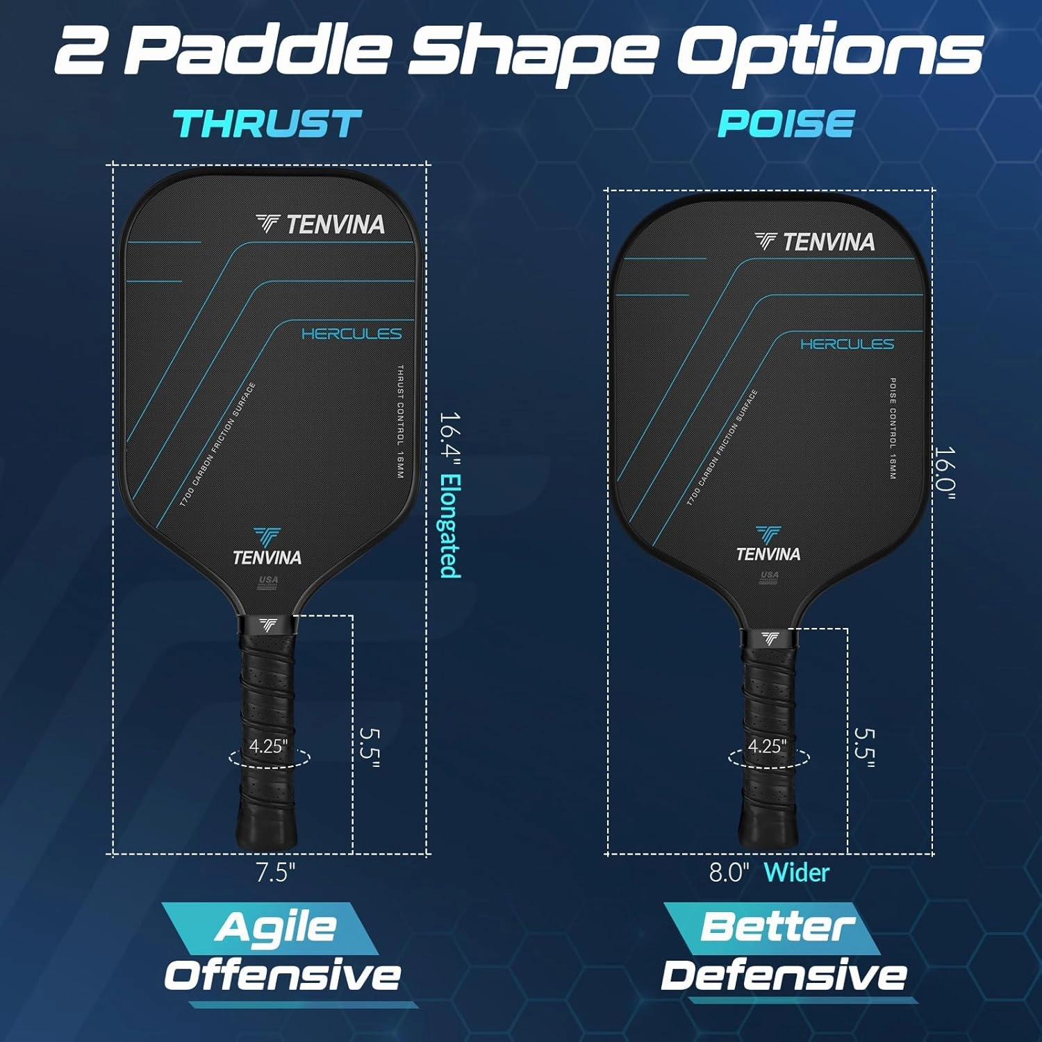 TENVINA Pickleball Paddles, Multi-Layer T700SC Textured Carbon Fiber Pickleball Paddle, 4-Types of Shapes and Thicknesses, USAPA Approved Pickle Ball Paddle, Strong Spin and Power Surface