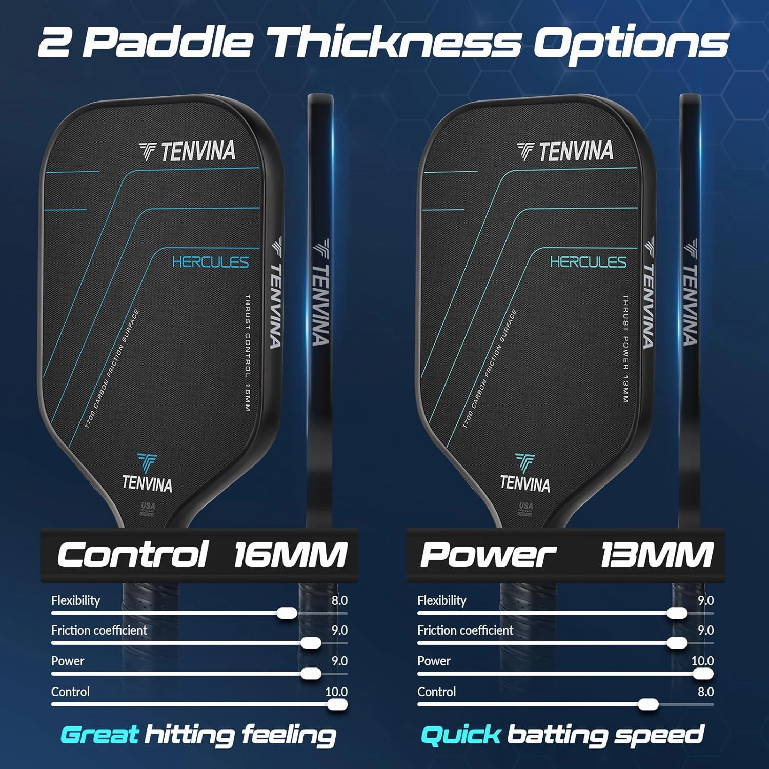 TENVINA Pickleball Paddles, Multi-Layer T700SC Textured Carbon Fiber Pickleball Paddle, 4-Types of Shapes and Thicknesses, USAPA Approved Pickle Ball Paddle, Strong Spin and Power Surface