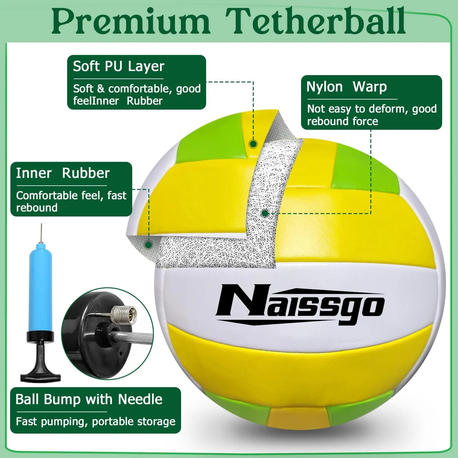 Tetherball Ball and Rope Set, Tetherball Set with Metal Hook,Ball Pump with Needle,Tether Ball Suitable for Family,Adults, Tetherball Ball Backyard Game Outdoor