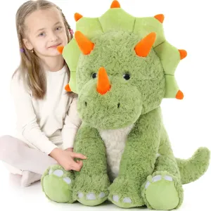 Tezituor 24inches Green Dinosaur Stuffed Animals, Large Stuffed Dinosaur Triceratops Plush Toys, Hugging Soft Dino Plush Pillow for Kids Adult