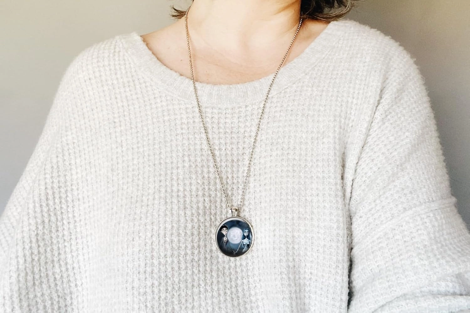 The Corpse Bride Emily and Victor 1 inch Silver Plated Picture Pendant 24 inch Stainless Steel Ball Chain Necklace Handmade Cosplay Jewelry for Fans