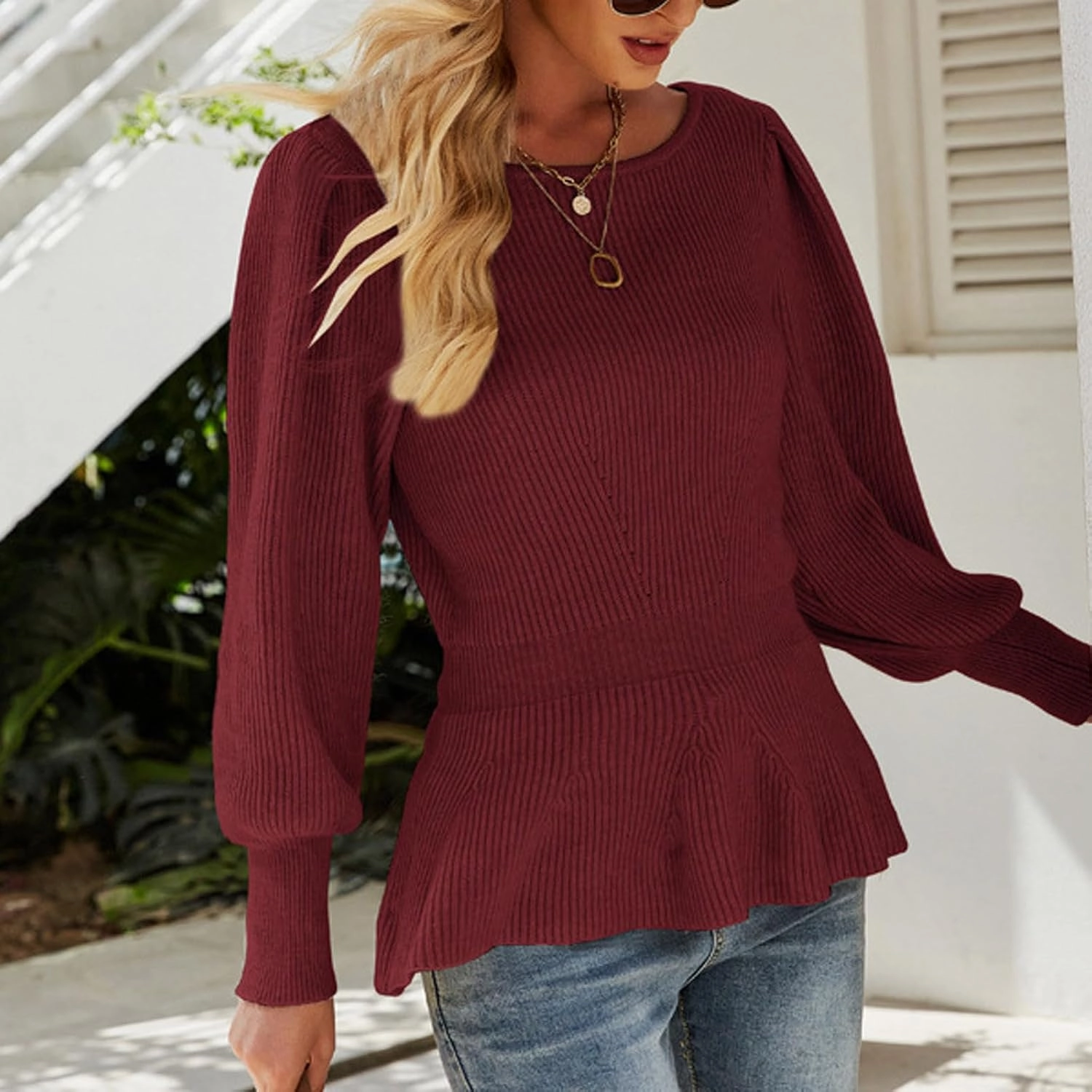 Thermal Shirts for Women Plus Size Solid Corset Knit Shirt Long Lantern Sleeve Sweater Tops Crew Neck Pullover