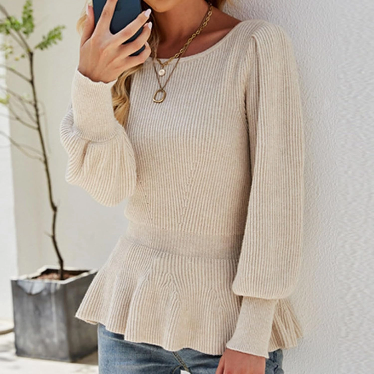Thermal Shirts for Women Plus Size Solid Corset Knit Shirt Long Lantern Sleeve Sweater Tops Crew Neck Pullover