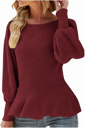 Thermal Shirts for Women Plus Size Solid Corset Knit Shirt Long Lantern Sleeve Sweater Tops Crew Neck Pullover