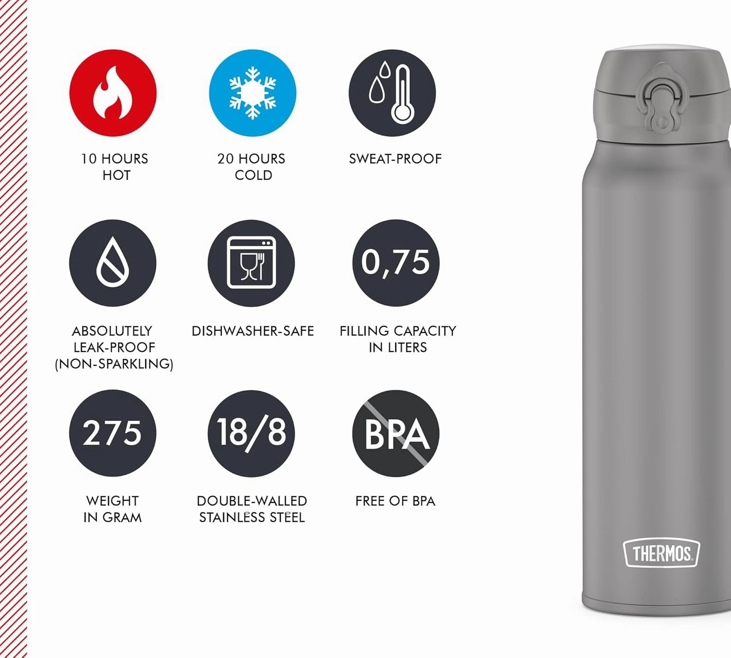 THERMOS ULTRALIGHT BOTTLE 0.75 L, moon rock mat, insulated flask stainless steel with safe flow lid, 10 hours hot / 20 hours cold, dishwasher safe, BPA-free