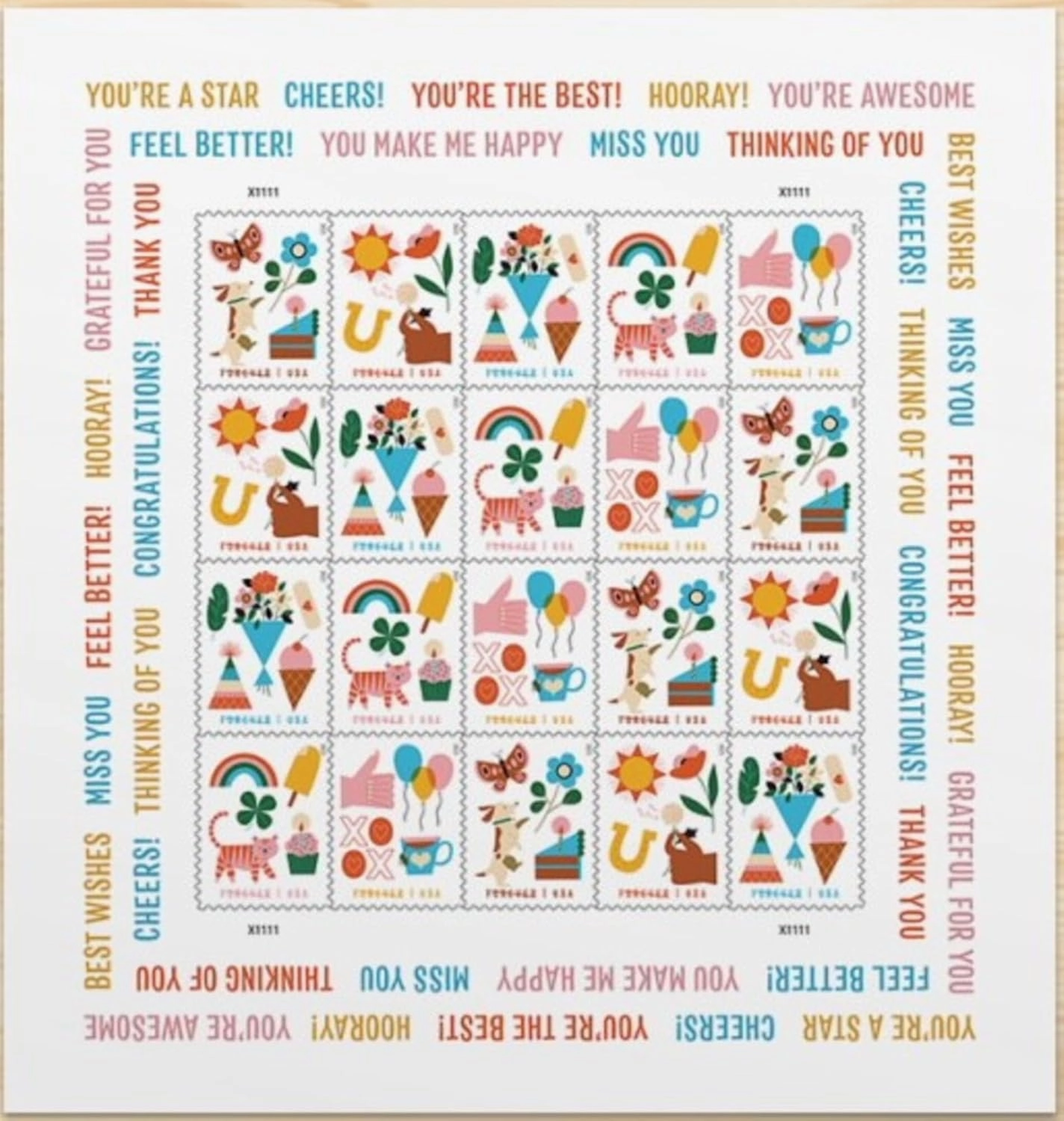 Thinking of You (Sheet of 20) First-Class Mail Forever Postage Stamps 2023 Scott 5803-5807