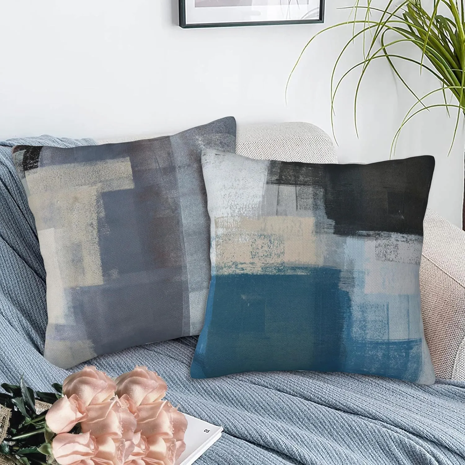 Throw Pillow Covers Abstract Art Painting Pillow Covers 18x18 Inchs Set of 2 Teal and Beige Throw Pillows Decorative Pillow Cases Cushion Covers for Bedroom Livingroom Sofa Farm House