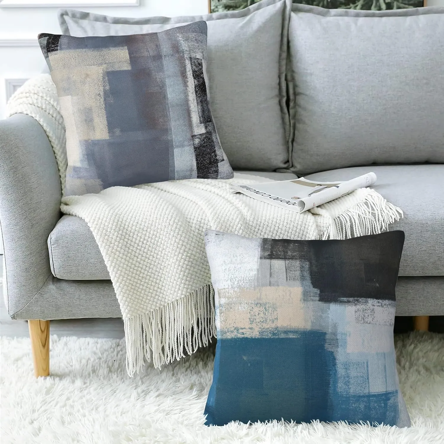 Throw Pillow Covers Abstract Art Painting Pillow Covers 18x18 Inchs Set of 2 Teal and Beige Throw Pillows Decorative Pillow Cases Cushion Covers for Bedroom Livingroom Sofa Farm House