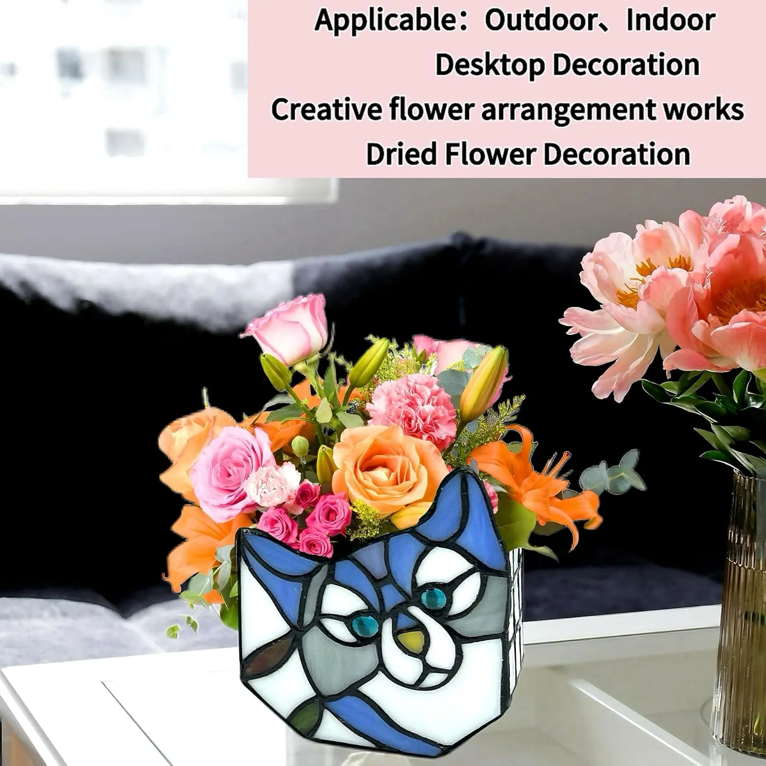 Tiffany Style Cute Cat Flower Pot,Cute Pots for Plants,Small Plant Pot with Unique Cat Face Design,Tiltable Cat Terrarium Decoration,4.6x3x5.15 in(Excluding Plants)
