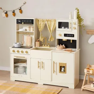 Tiny Land Play Kitchen for Kids, Toy Kitchen Set with Plenty of Play Features, New Modern Kids Wooden Play Kitchen Designed in Trendy Home Style with Curtains, Gift for Ages 3 