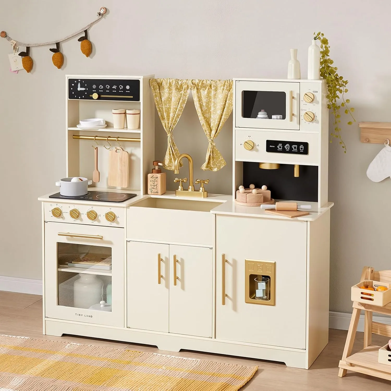 Tiny Land Play Kitchen for Kids, Toy Kitchen Set with Plenty of Play Features, New Modern Kids Wooden Play Kitchen Designed in Trendy Home Style with Curtains, Gift for Ages 3 