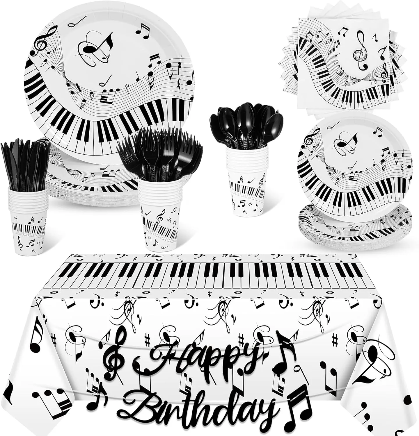 Tioncy 171 Pieces Musical Party Supplies Disposable Musical Notes Tableware Set Serves 24 with Plates Napkins Cups Banner Plastic Musical Tablecloths for Music Themed Birthday Party Decorations