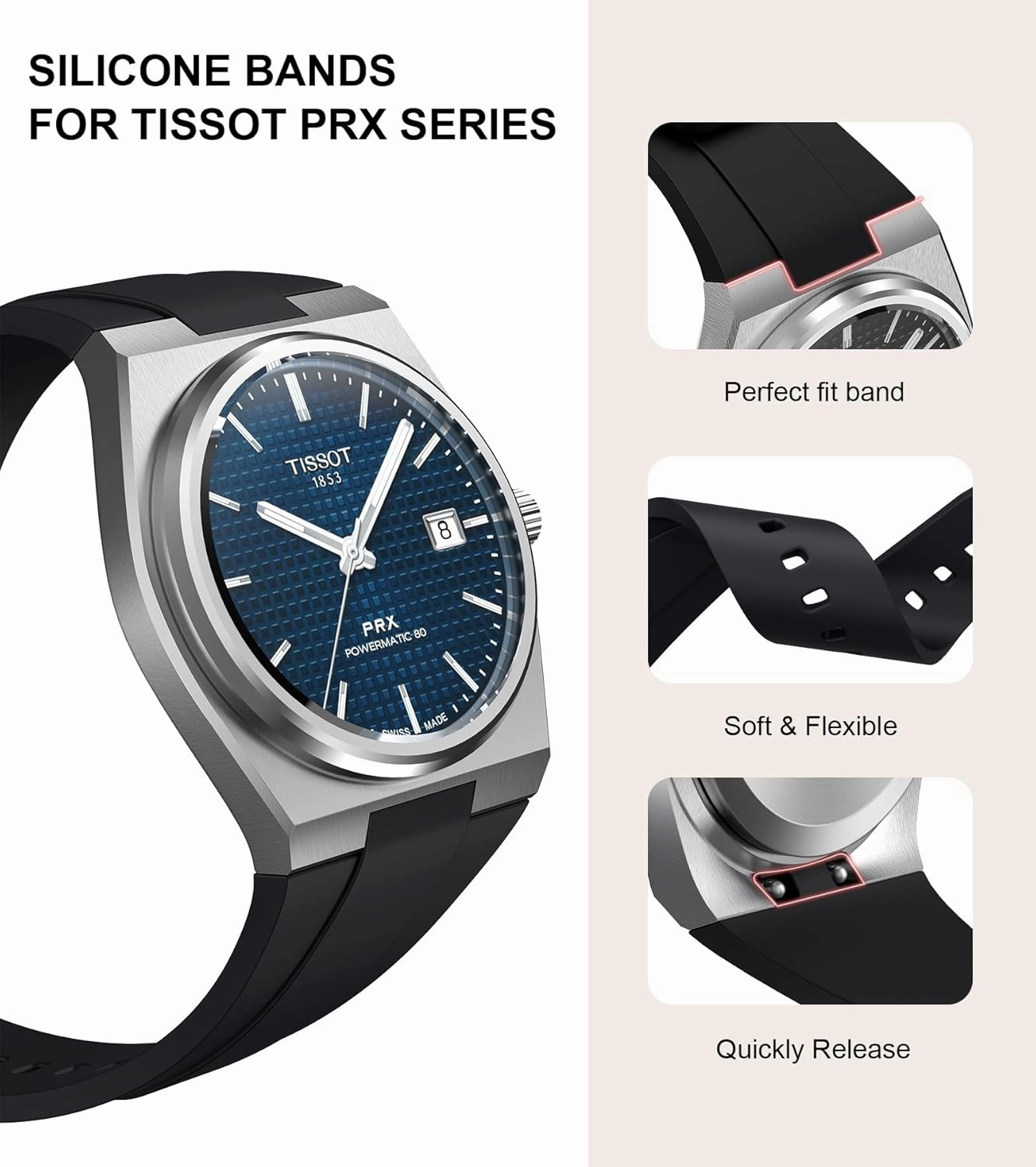 Tissot PRX Watch Band - Soft Fluororubber Replacement Strap for 40mm Series, 12mm FKM Band for Men and Women