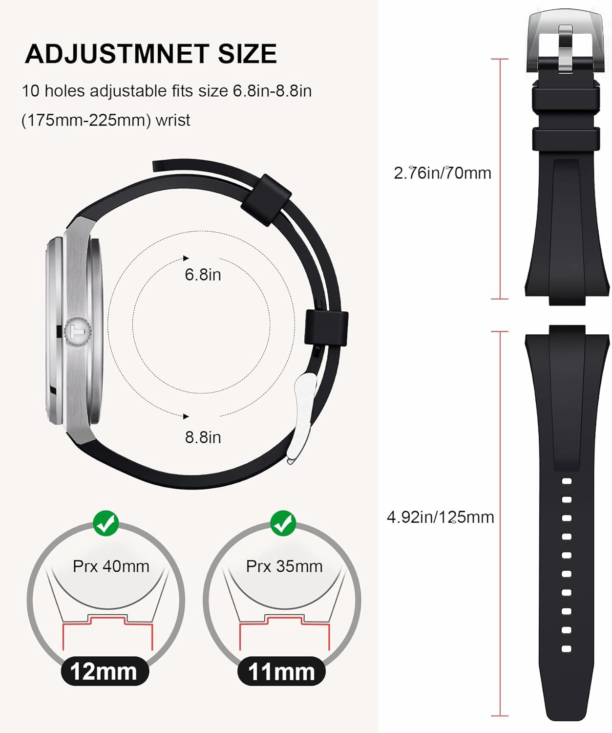 Tissot PRX Watch Band - Soft Fluororubber Replacement Strap for 40mm Series, 12mm FKM Band for Men and Women