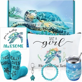 Tondiamo 7 Pcs Sea Turtle Gifts for Women Ocean Gifts for Turtle Lovers Includes Tumbler Turtles Makeup Bag Keychain Card Turtle Socks Ocean Bracelets for Women Sister Friends Party Favors