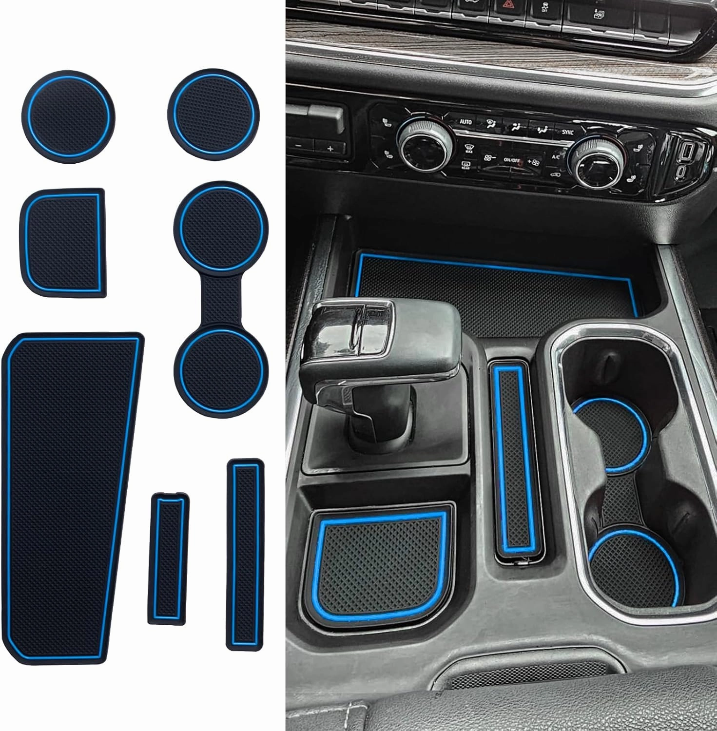 TOPINSTALL Blue 7PCS Console Liners Compatible with 2023-2025 Chevy Silverado/GMC Sierra 1500 & 2022 Refreshed 1500 Models, Premium Rubber Non-Slip Cup Holder Mats（Full Console w/Bucket Seats ONLY）