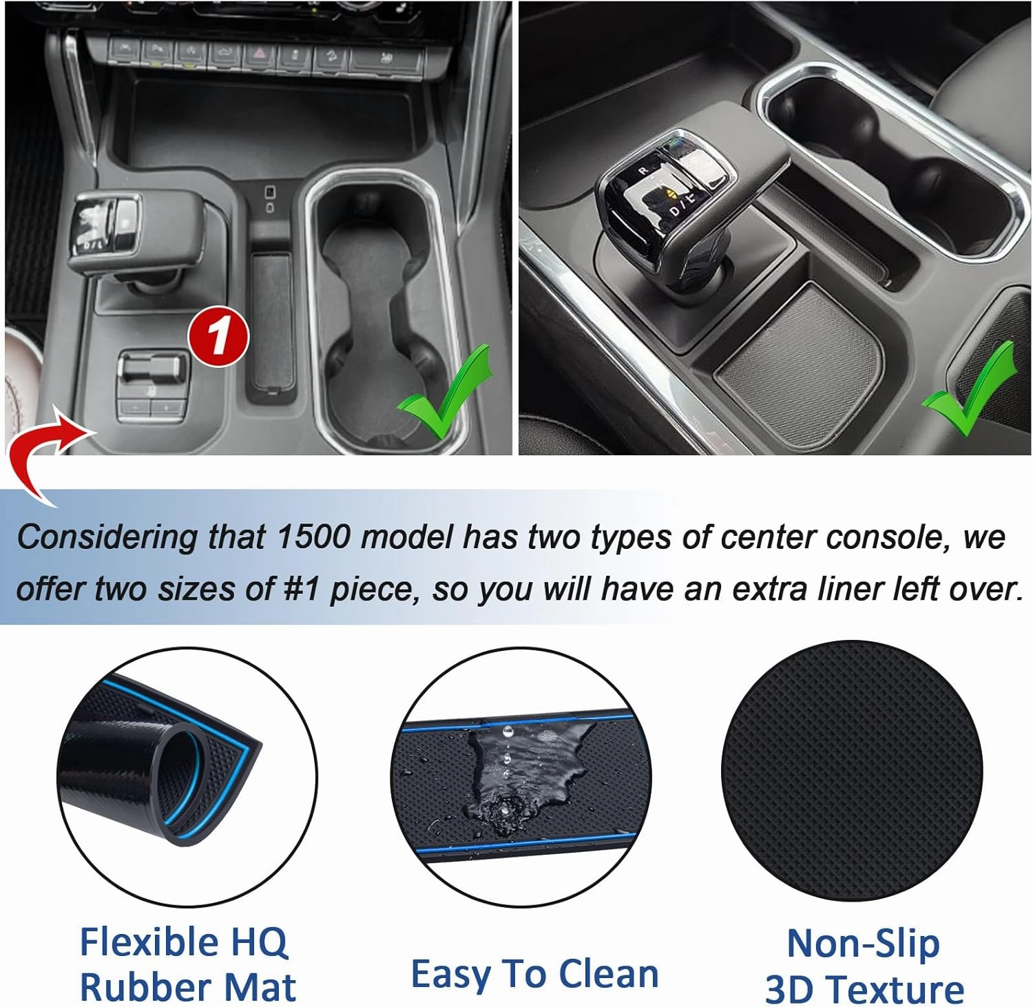 TOPINSTALL Blue 7PCS Console Liners Compatible with 2023-2025 Chevy Silverado/GMC Sierra 1500 & 2022 Refreshed 1500 Models, Premium Rubber Non-Slip Cup Holder Mats（Full Console w/Bucket Seats ONLY）