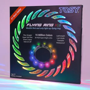 TOSY Flying Ring - 16 Million Color RGB LEDs or 12 LEDs, Super Bright, Lost Mode, Auto Light Up, Camping Essentials for Kids/Teens/Boy/Girl, Safe & Soft, Waterproof, Pool/Beach Games, Lightweight Toy
