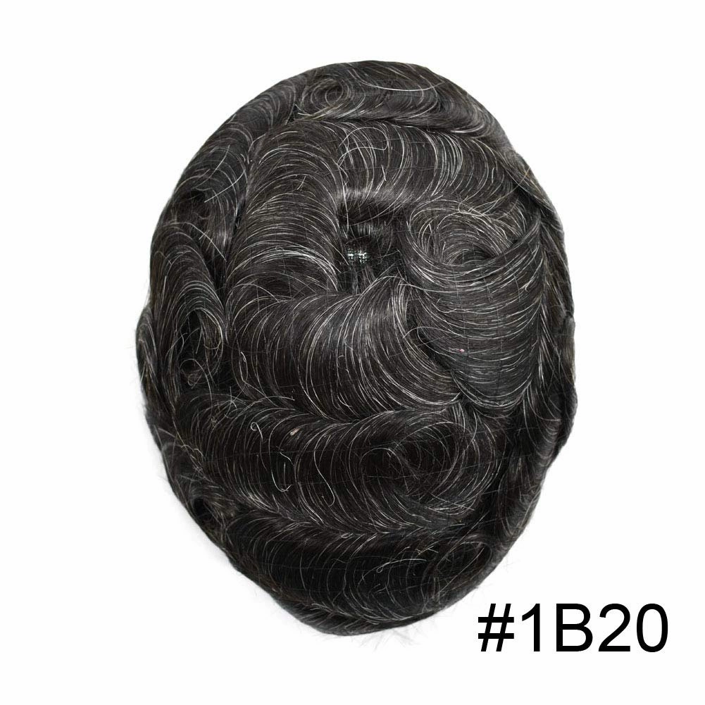 Toupee For Men Full French Lace Men Toupee Hairpieces 100% European Human Hair Replacement System Men Hair Pieces Protesis Capilar Hombre 8X10#1B20#1B Off Black 20% Grey 80% Density