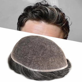 Toupee For Men Full French Lace Men Toupee Hairpieces 100% European Human Hair Replacement System Men Hair Pieces Protesis Capilar Hombre 8X10#1B20#1B Off Black 20% Grey 80% Density