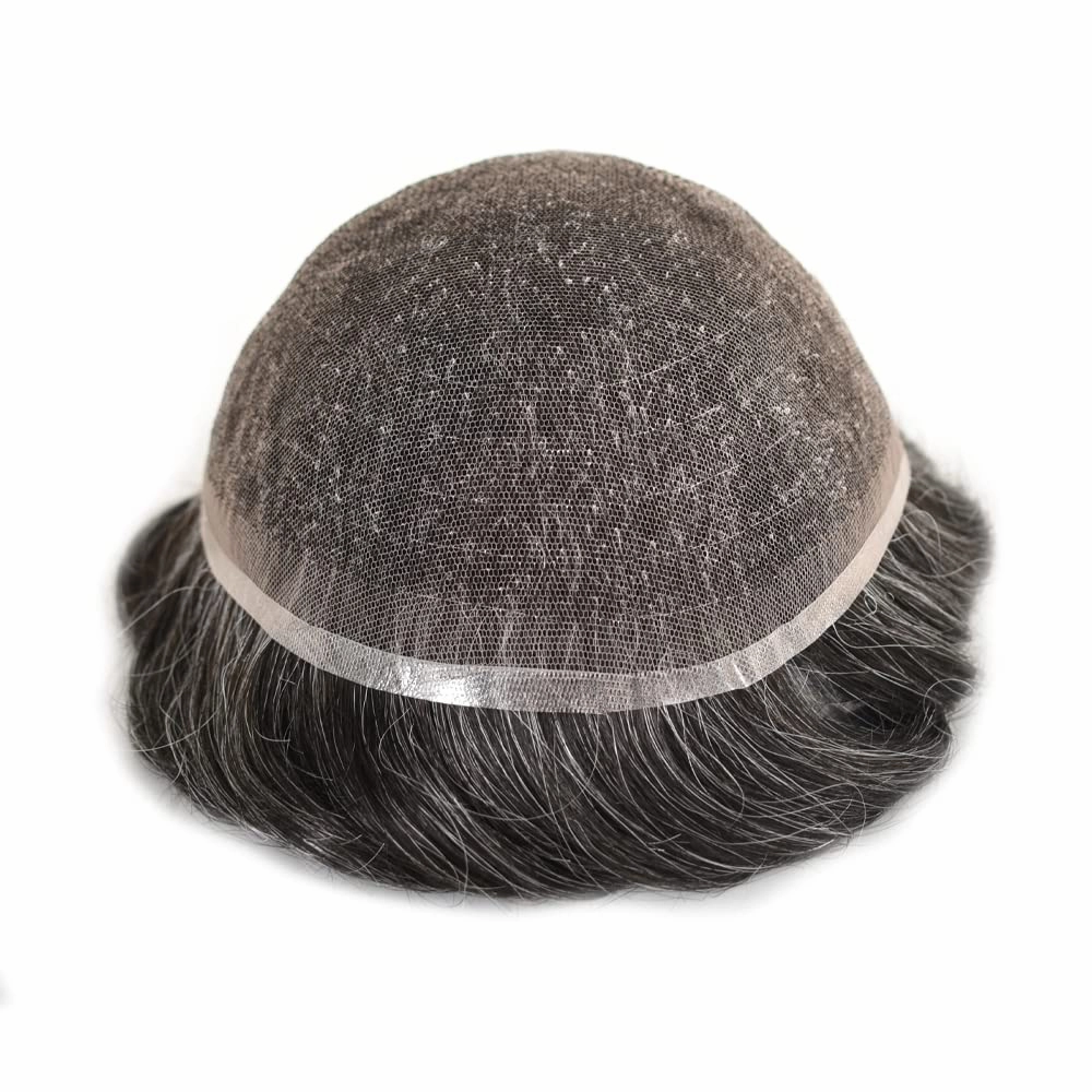 Toupee For Men Full French Lace Men Toupee Hairpieces 100% European Human Hair Replacement System Men Hair Pieces Protesis Capilar Hombre 8X10#1B20#1B Off Black 20% Grey 80% Density