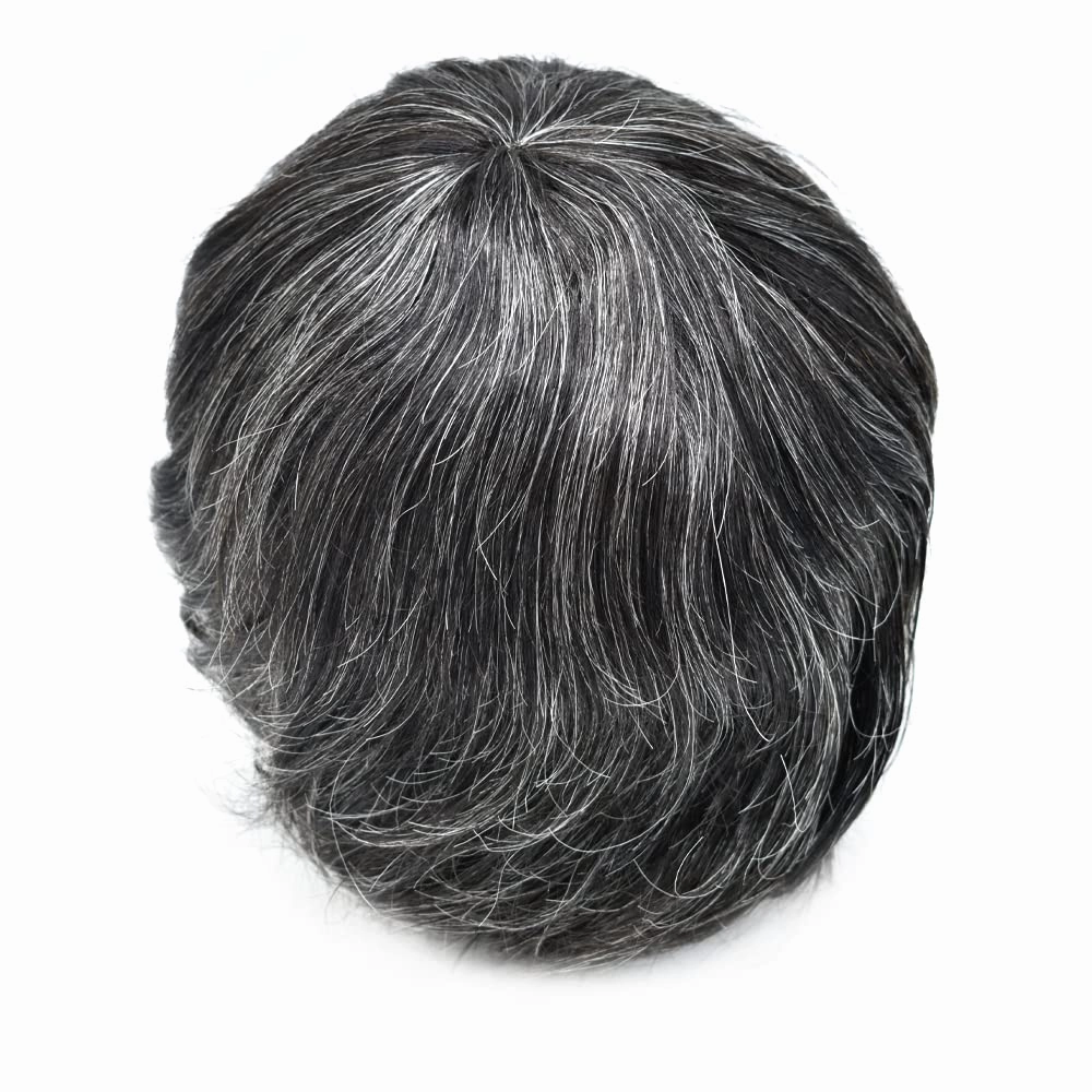 Toupee For Men Full French Lace Men Toupee Hairpieces 100% European Human Hair Replacement System Men Hair Pieces Protesis Capilar Hombre 8X10#1B20#1B Off Black 20% Grey 80% Density