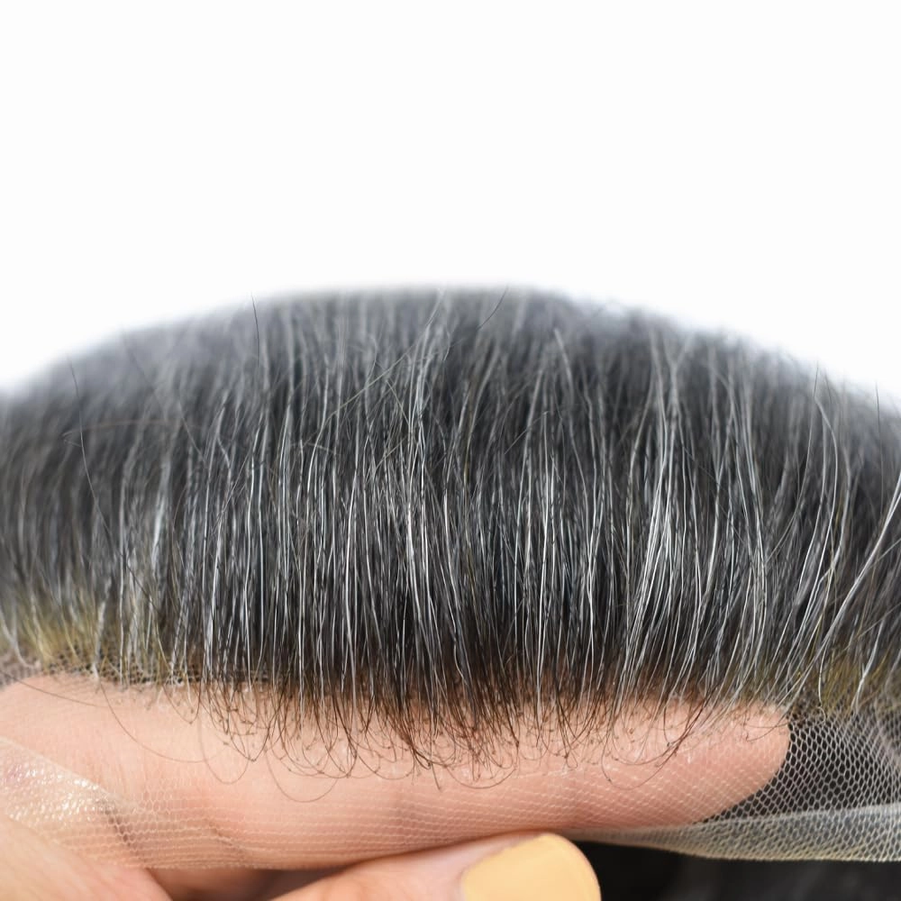 Toupee For Men Full French Lace Men Toupee Hairpieces 100% European Human Hair Replacement System Men Hair Pieces Protesis Capilar Hombre 8X10#1B20#1B Off Black 20% Grey 80% Density