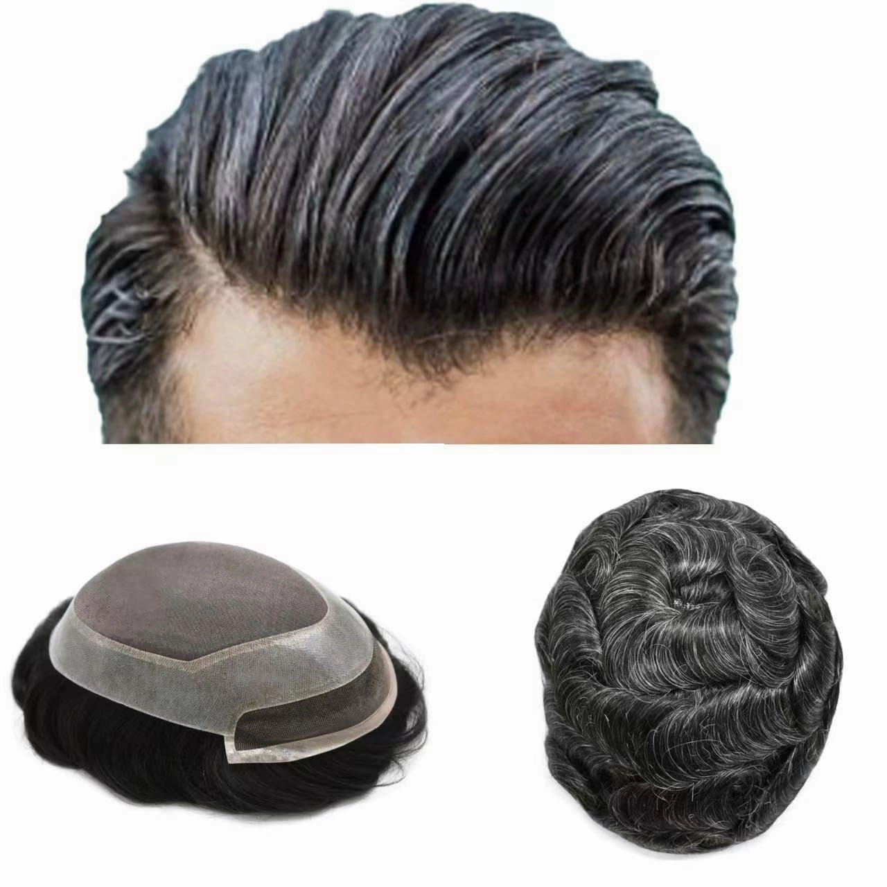 Toupee for Men Real Human Hair Piece Lace Front Hair System for Men Fine Mono Mens Replacement System Hairpieces Prosthesis 6X8#1B40#1B Off Black 40% Grey 120% Density