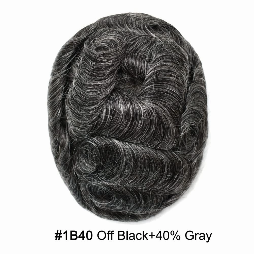 Toupee for Men Real Human Hair Piece Lace Front Hair System for Men Fine Mono Mens Replacement System Hairpieces Prosthesis 6X8#1B40#1B Off Black 40% Grey 120% Density