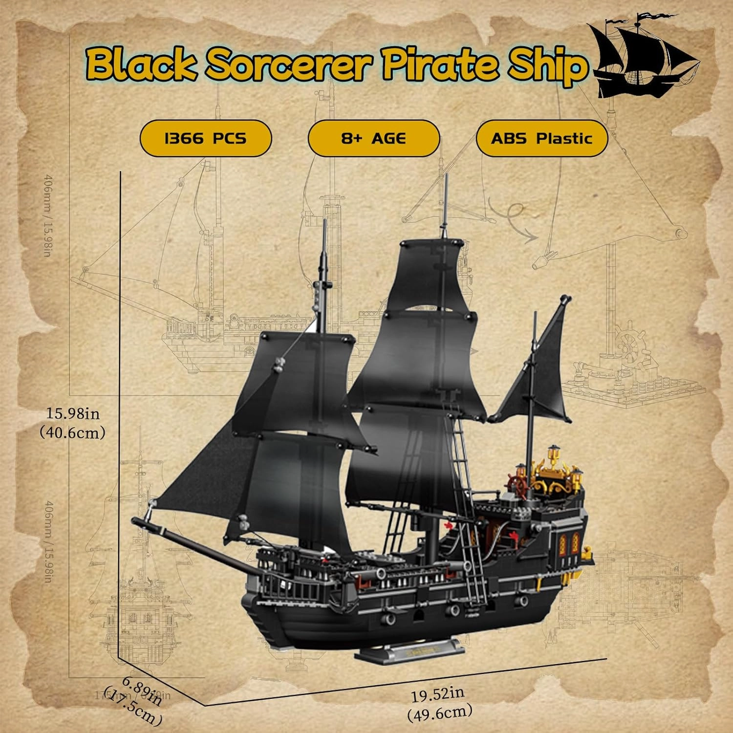 Toy Building Set, Pirate Ship Small Brick Model Kit, 15.98in Height Creative Construction Mini Building Block, 3D Puzzle Hobbies Christmas Birthday Gift for Adult Kids Boys Girls 8  1366 PCS