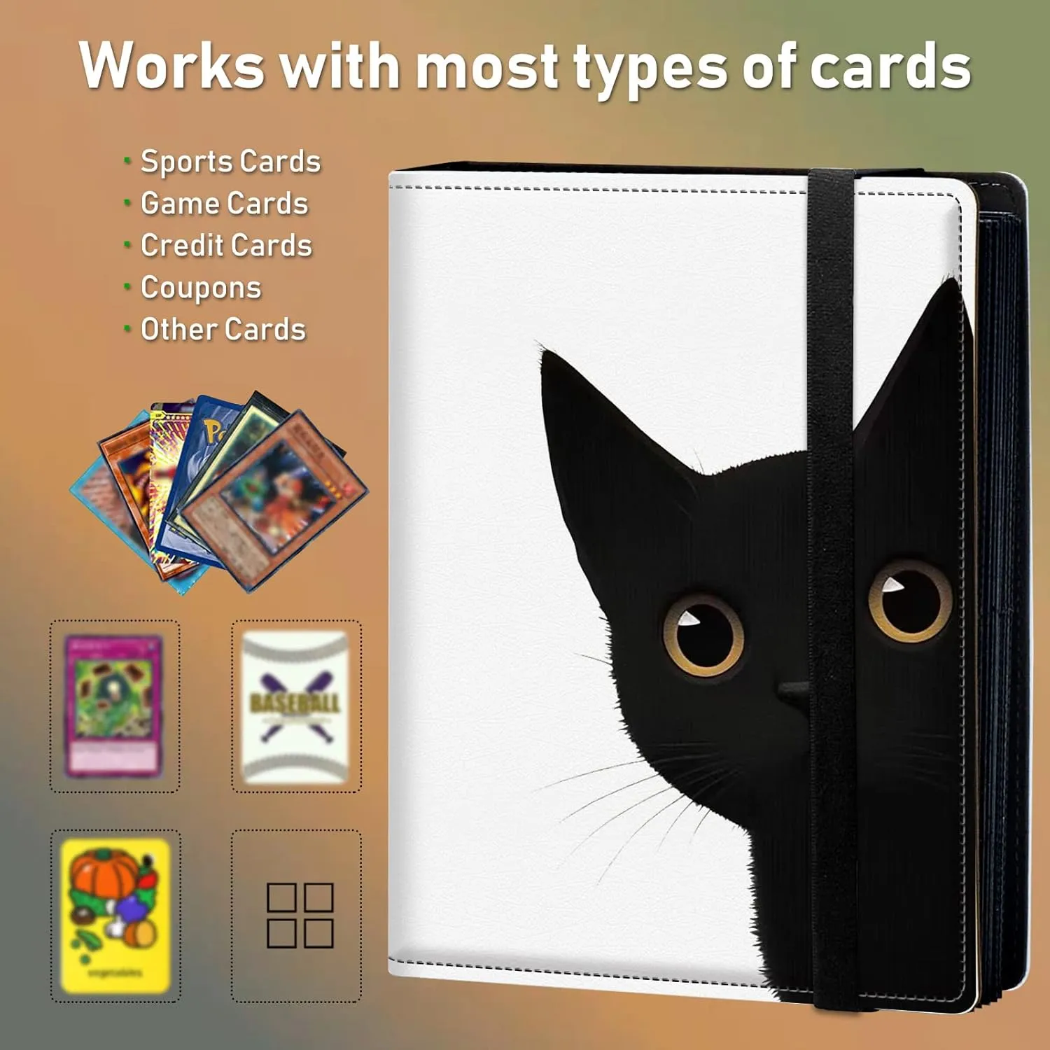 Trading Card Binder, 4 Pocket Album Display Holder, 160 Cards Double Sided Pockets Holder Sleeves Case for Standard Size Sports Cards, Cute Black Cat