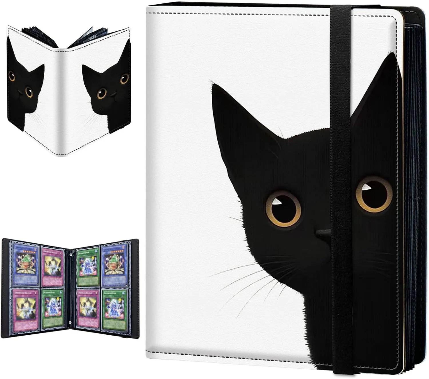 Trading Card Binder, 4 Pocket Album Display Holder, 160 Cards Double Sided Pockets Holder Sleeves Case for Standard Size Sports Cards, Cute Black Cat