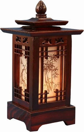 Traditional Korean Wood Lamp | Handmade Asian Oriental Table Lantern | Bedside Bedroom Accent Light | Unique Gift Idea | Hanok Design (Brown) (Pagoda)