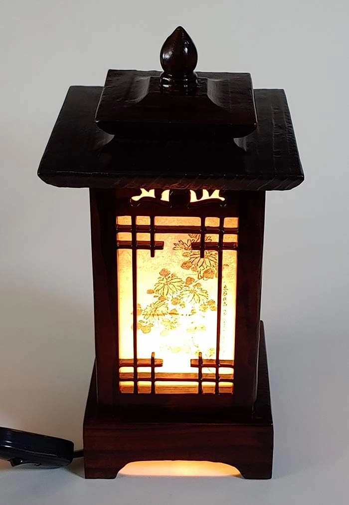 Traditional Korean Wood Lamp | Handmade Asian Oriental Table Lantern | Bedside Bedroom Accent Light | Unique Gift Idea | Hanok Design (Brown) (Pagoda)
