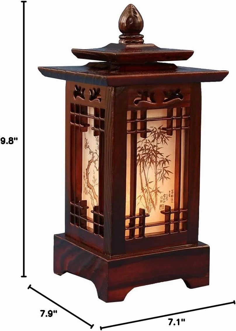 Traditional Korean Wood Lamp | Handmade Asian Oriental Table Lantern | Bedside Bedroom Accent Light | Unique Gift Idea | Hanok Design (Brown) (Pagoda)