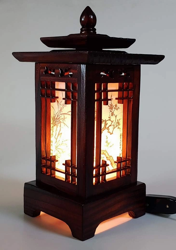 Traditional Korean Wood Lamp | Handmade Asian Oriental Table Lantern | Bedside Bedroom Accent Light | Unique Gift Idea | Hanok Design (Brown) (Pagoda)