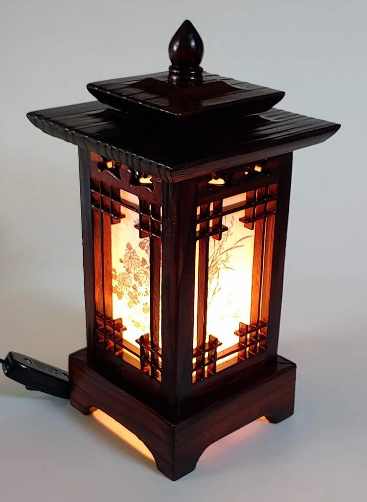 Traditional Korean Wood Lamp | Handmade Asian Oriental Table Lantern | Bedside Bedroom Accent Light | Unique Gift Idea | Hanok Design (Brown) (Pagoda)