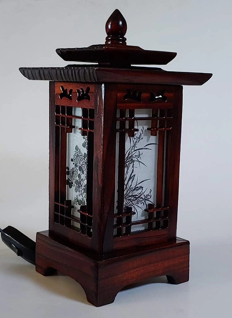 Traditional Korean Wood Lamp | Handmade Asian Oriental Table Lantern | Bedside Bedroom Accent Light | Unique Gift Idea | Hanok Design (Brown) (Pagoda)